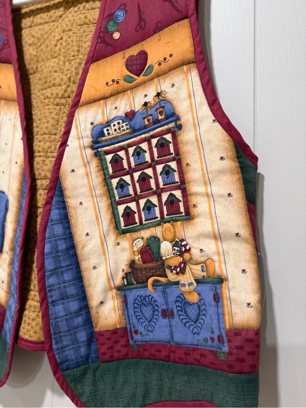 Quilted Folk Art Patchwork Vest in Burgundy and Mustard - Picture 3 of 6